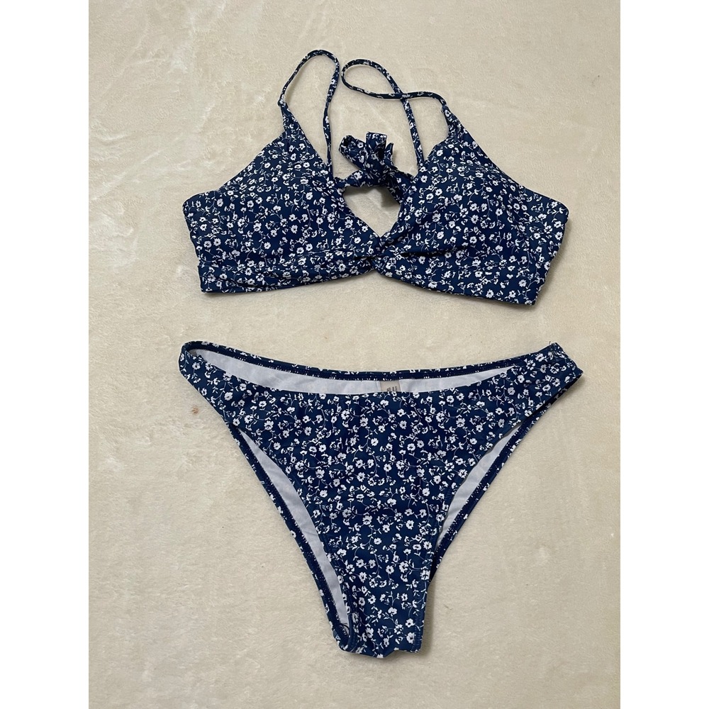 Navy Blue Ditsy Floral Bikini Set Front Tie Top High Cut Bottoms Size L